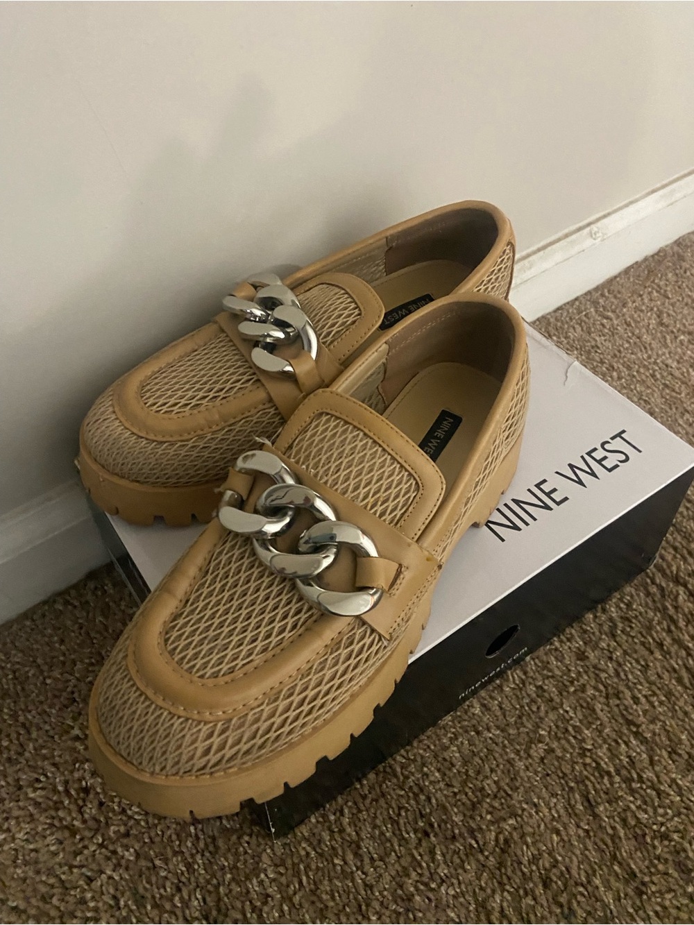 Nine West Tan Chain-Accent Loafers